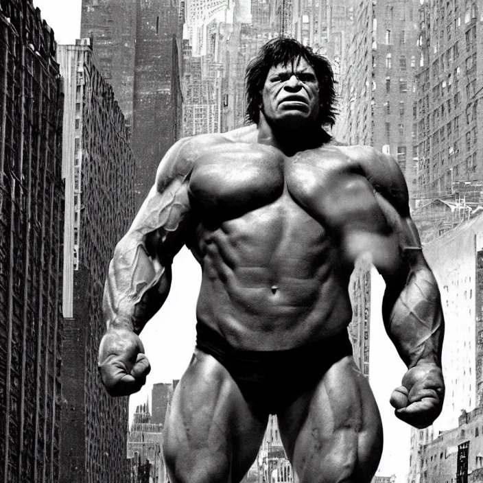 Image similar to a color photo portrait of the incredible hulk looking angry in new york city by richard avedon dramatic lighting.