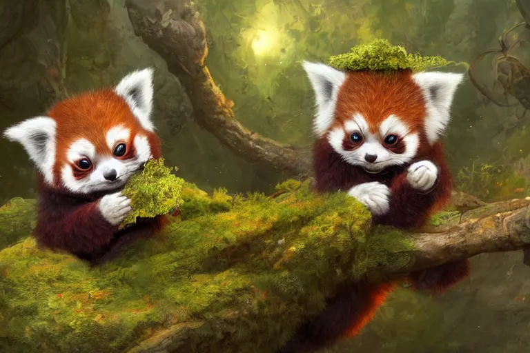 Prompt: an extremely cute red panda baby-yoda sit on a lichen covered ancient bolder and play sing songs, mischievous, inquisitive, devious, hilarious, funny, by Tyler Edlin