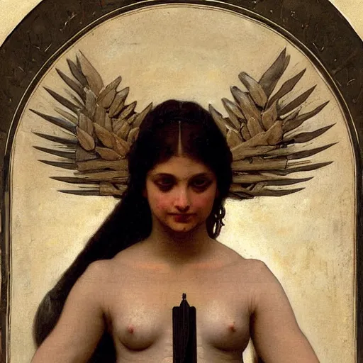 Image similar to portrait of a fully armed skeleton archer with big sword, wearing helmets and armor with wings, symmetrical, solemn, sacred, aura, by bouguereau h 7 6 8