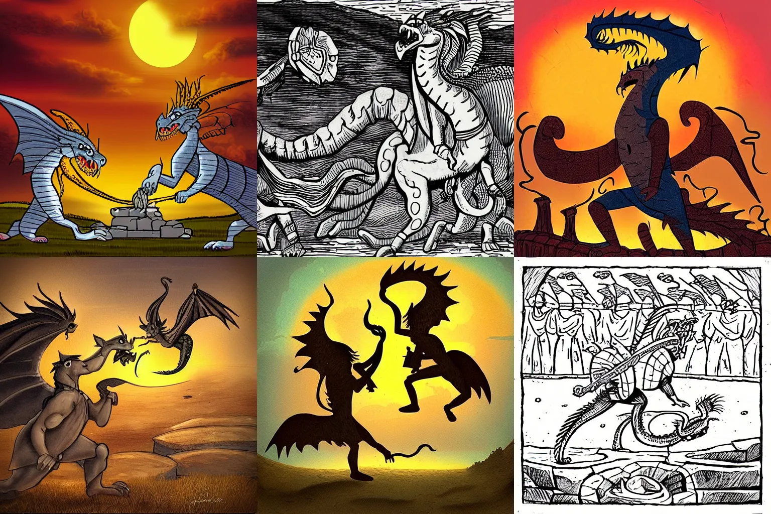 Prompt: “Gerald of Livia fighting dragons at sunset cartoon” style