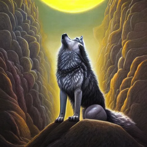 Prompt: a wolf on the edge of a cliff howling at the blood moon, by Adi granov and afarin sajedi and amanda sage and evgeni gordiets and Agostino Arrivabene and in a psychedelic portrait style, ultrarealistic matte painting, volumetric lighting, fractal, extremely symmetrical, highly detailed face, orisha, 8k, hd