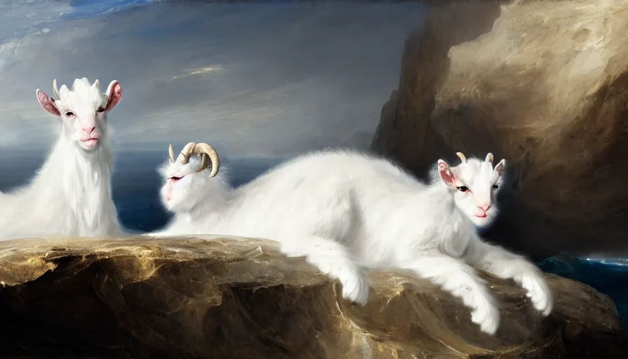 Image similar to highly detailed painting of white giant majestic chimera goat kitten seals on a blue and white iceberg by william turner, by greg rutkowski, by william constable, thick brush strokes and visible paint layers, 4 k resolution