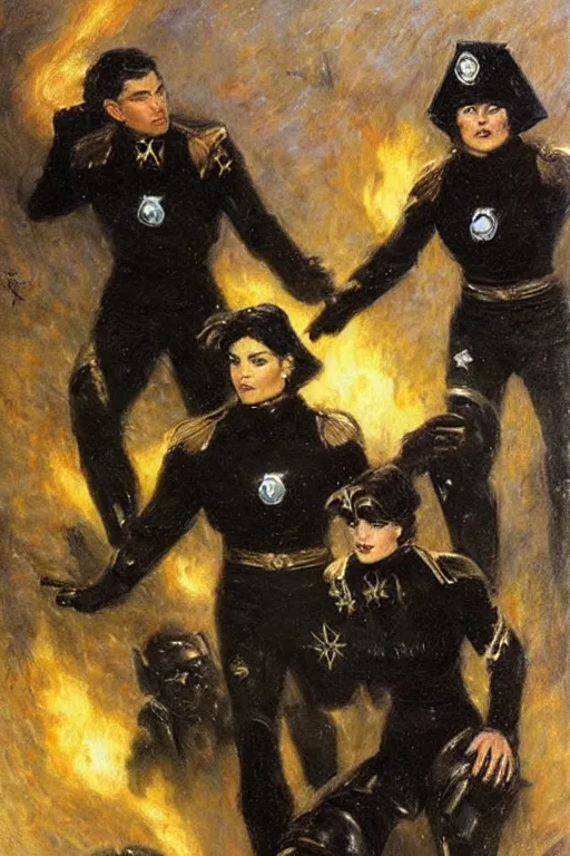 Image similar to evil star fleet officers dressed in all black. art by gaston bussiere.