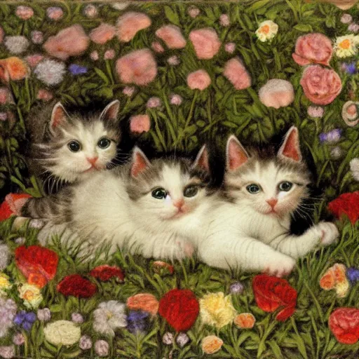 Image similar to kittens playing in a bed of flowers by H. R. Giger