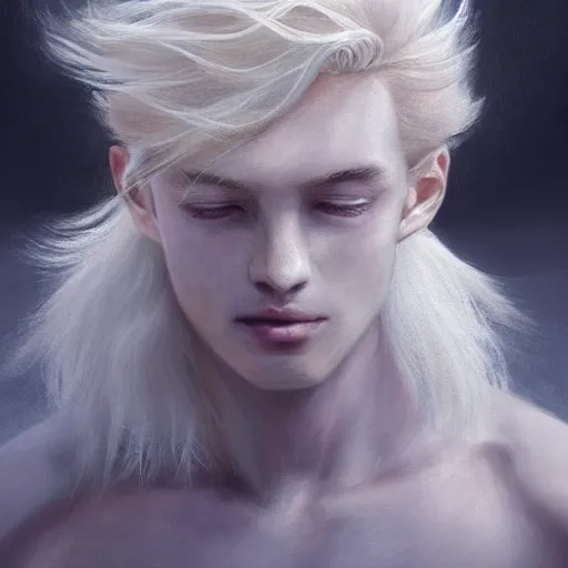 Prompt: Portrait of an androgynous blond prince in a beautiful world, pale milky white skin and long fluffy curly blond hair, intricate, elegant, fantasy, highly detailed, digital painting, concept art, Junji Ito, sharp focus, illustration, beautiful volumetric lighting, epic light, artstation, magic hour lighting, colorful, sunshine, springtime, art by Sylvain Sarrailh