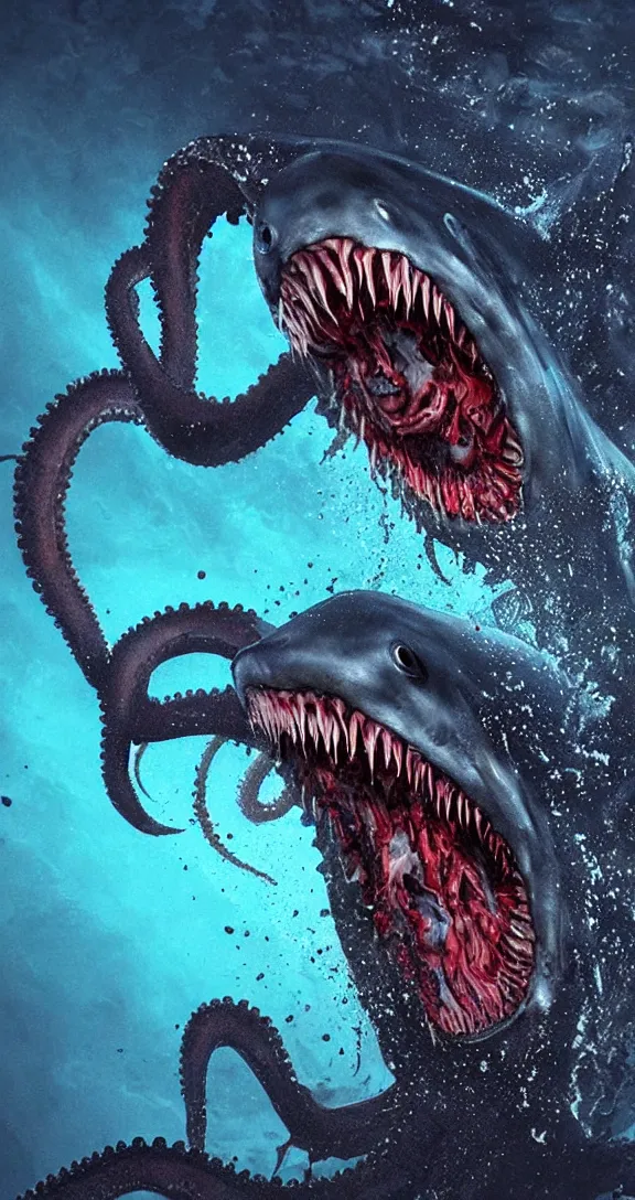 Prompt: dark dark blue ocean background, deep underwater, blood in the water, very terrifying demonic xenomorph giant octopus cenobite tearing a great white shark apart, splattered with blood, full body portrait showing entire scary monster, neo-expressionistic, maximalist, horror monster masterpiece, trending on DeviantArt, 4K resolution, dark cinematic, hyperrealism, octane render, volumetric lighting, ultra-detailed, chiaroscuro, in the style of Giger and Ralph Steadman and Da Vinci,