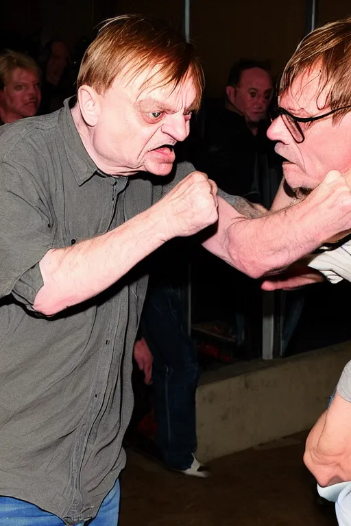Prompt: Mark E Smith punching a middle aged man with short blonde hair and glasses
