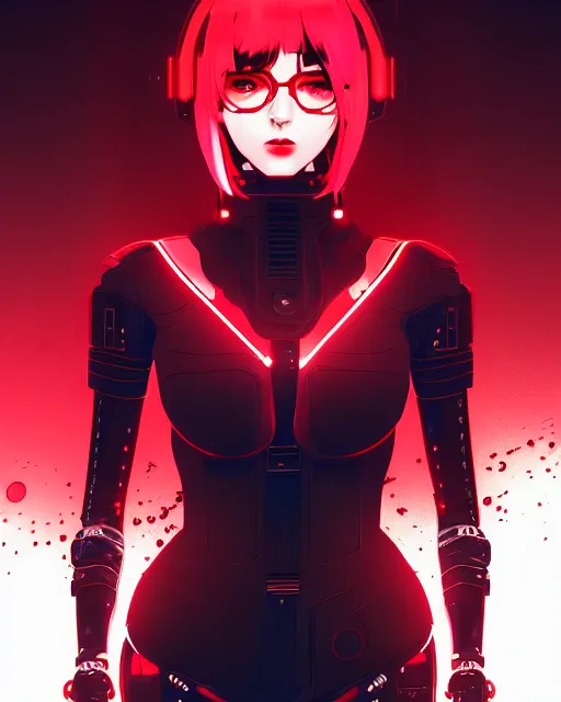 Prompt: a comic potrait of a cyberpunk cyborg girl with black and red parts, fine - face, realistic shaded perfect face, fine details. night setting. very anime style. realistic shaded lighting poster by ilya kuvshinov katsuhiro, unreal engine, global illumination, radiant light, detailed and intricate environment