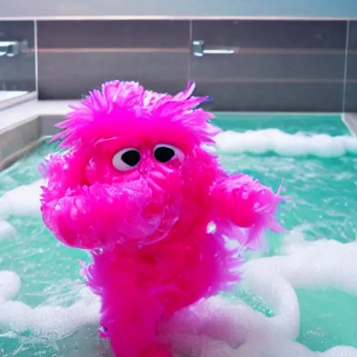 Image similar to hot pink feather boa muppet in bubble bath wit bubbles floating in the air