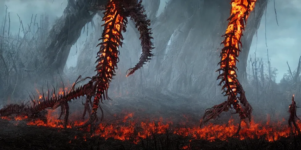 Image similar to distant shot of a 1 0 0 foot tall centipede, made of bones, trampling a burning forest, from skyrim, by makoto shinkai, hayao miyazaki, sakimichan