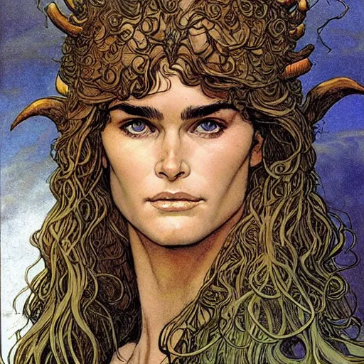 Image similar to a realistic, very beautiful and atmospheric portrait of young brooke shields aged 2 0 as a druidic warrior wizard looking at the camera with an intelligent gaze by rebecca guay, michael kaluta, charles vess and jean moebius giraud