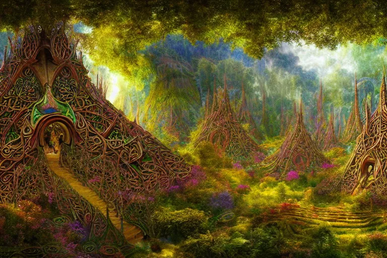 Image similar to a beautiful and highly detailed digital painting of an elven structure in psychedelic forest in a beautiful valley, psychedelic patterns, celtic designs, intricate details, epic scale, 8 k, sharp focus, photorealism, artstation, cgsociety, by caspar friedrich, albert bierstadt, james gurney, brian froud,