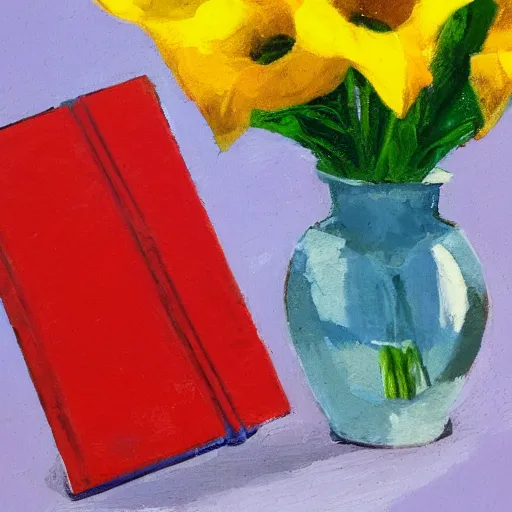 Image similar to A red book and a yellow vase.