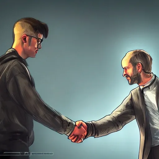 Prompt: the popular streamer moistcritikal offering a handshake, cinematic, gloomy background, realistic, digital art, character art, 8 k