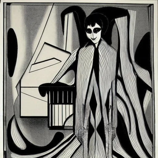 Prompt: the somnambulist from the cabinet of dr. caligari playing a large arp modular synthesizer, style of aubrey beardsley