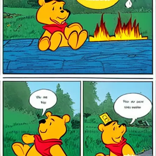 Prompt: winnie the pooh lighting a house on fire, in the style of winnie the pooh