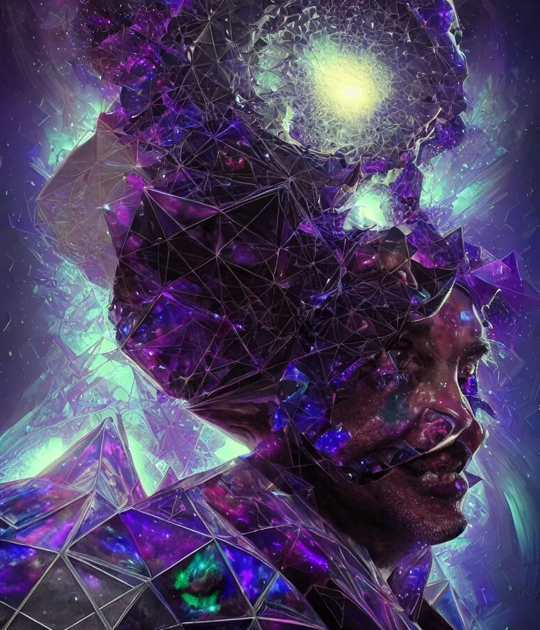 Image similar to front!!! shot of a court jester!!! character, mesmerizing fractal hypercubes, dark holography!!!, future, metallic nebula, crystalline edges, polygonal, elegant, highly detailed, centered, (((artstation, concept art, jagged, sharp focus, artgerm, Tomasz Alen Kopera, Peter Mohrbacher, donato giancola, Joseph Christian Leyendecker, WLOP, Boris Vallejo))), ((raytracing)), mugshot!!!!!, ugly!!!!!!, octane render, nvidia raytracing demo, octane render, nvidia raytracing demo, octane render, nvidia raytracing demo, 8K