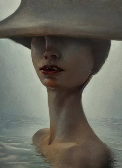 Image similar to extreme closeup portrait of a beautiful woman half submerged in water, horrified look in his eyes, dirt helmet, water reflection, sigma 85mm, highly detailed, soft lighting, elegant,sigma 85mm, Edward Hopper and James Gilleard, Zdzislaw Beksinski, Steven Outram, highly detailed