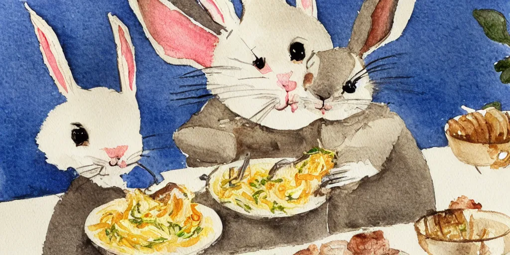 Image similar to a rabbit cooking pasta in a french restaurant, realistic watercolour