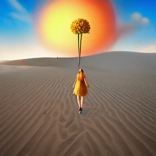 Image similar to closeup giant dahlia flower over body, a girl walking between dunes, surreal photography, sunrise, blue sky, dramatic light, impressionist painting, digital painting, artstation, simon stalenhag