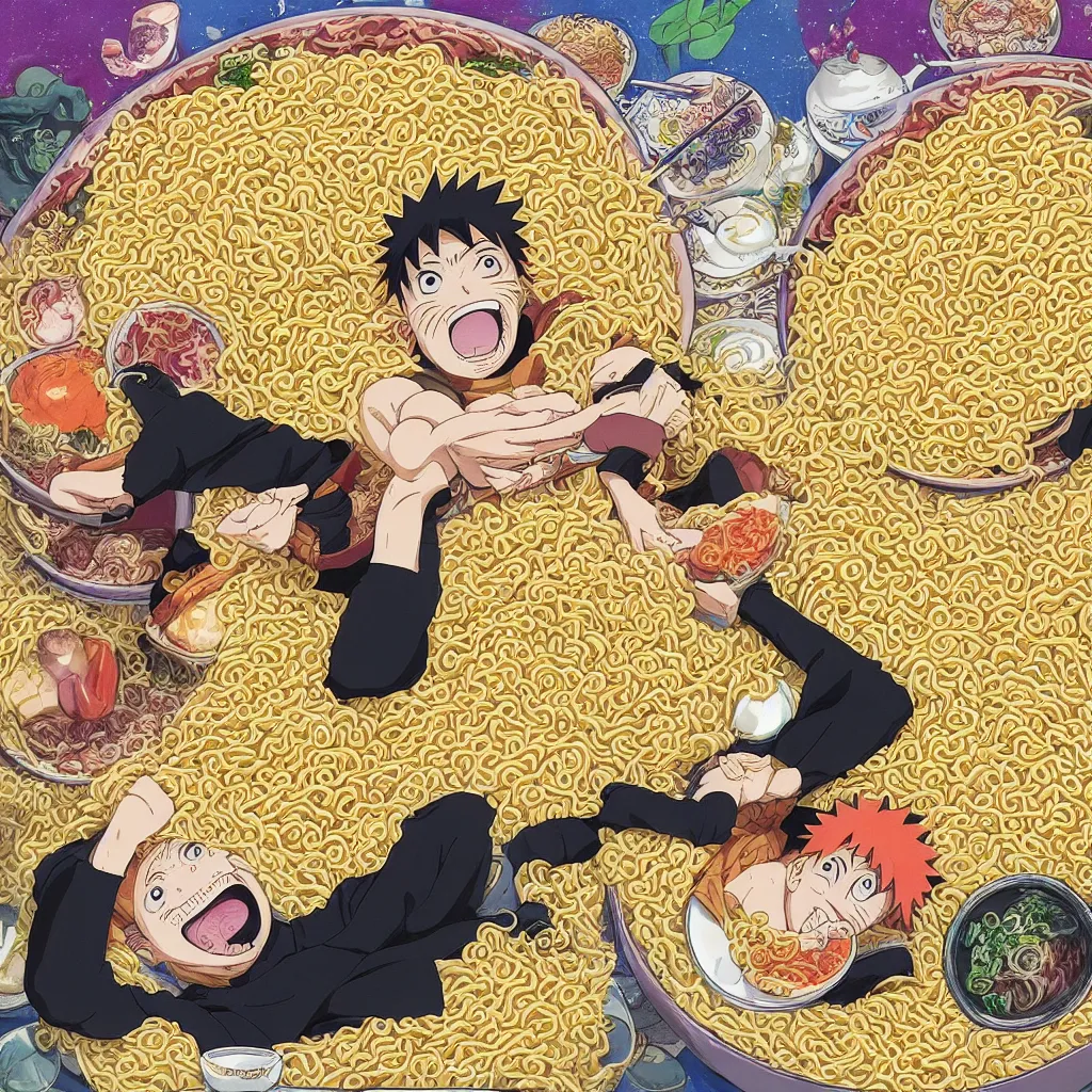 Image similar to a color manga illustration of naruto laying in a pile of ramen noodles and bowls, holding a large bowl of ramen and slurping up noodles. the view is top down. his mood is one of delicious bliss and the sense of the image is abundance. the image is illustrated in high colorful detail by masashi kishimoto and is very very very detailed.