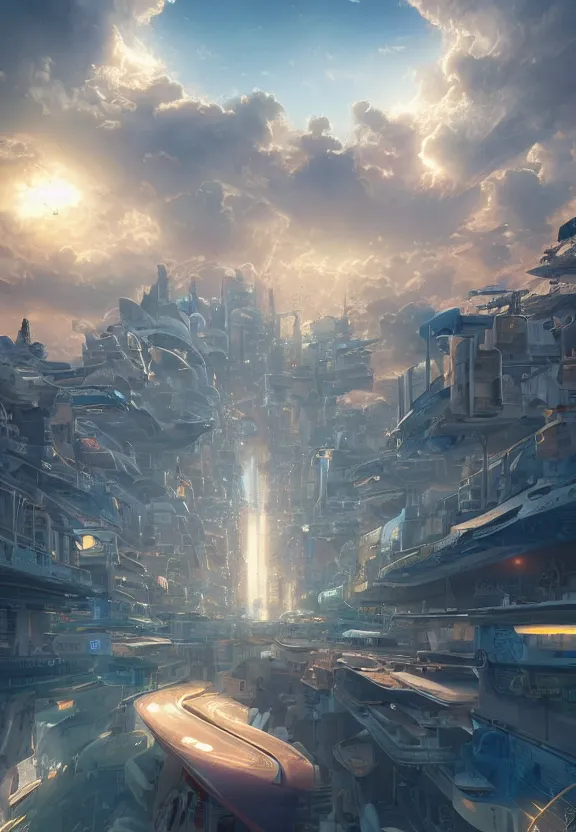 Prompt: vanishing point, retro futurist city in the sky next to bigs cumulonimbus, teenagers surfing in the sky with home made scifi hoverboards, viewed, unreal engine, complex brushwork, artwork by greg rutkowski, loish, ferdinand knab, and lois van rossdraws, global illumination, radiant light, minimalist, detailed and intricate environment