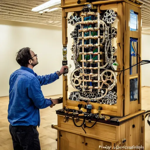 Image similar to a random pointlessly elaborate intricate contraption pneumatic machine with no apparent purpose, being operated by a scholarly looking man with a clear directed gaze, xf iq 4, f / 5. 4, iso 2 0 0, 1 / 1 6 0 s, 8 k, raw, unedited, symmetrical balance, in - frame