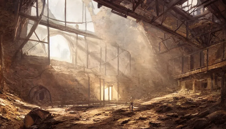 Image similar to a beautiful painting of of an old abandoned 1 9 th century mine with exposed beams, pickaxes and a helmet with a broken light, warm colors by greg rutkowski and kalin popov, trending on artstation, masterpiece,