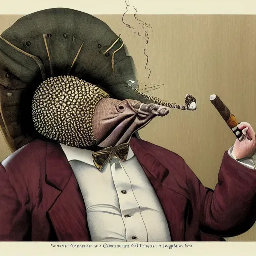 Prompt: Portrait of an anthropomorphic Armadillo crime boss smoking a cigar and wearing an eyepatch. Very high quality. Drawn by James Christensen