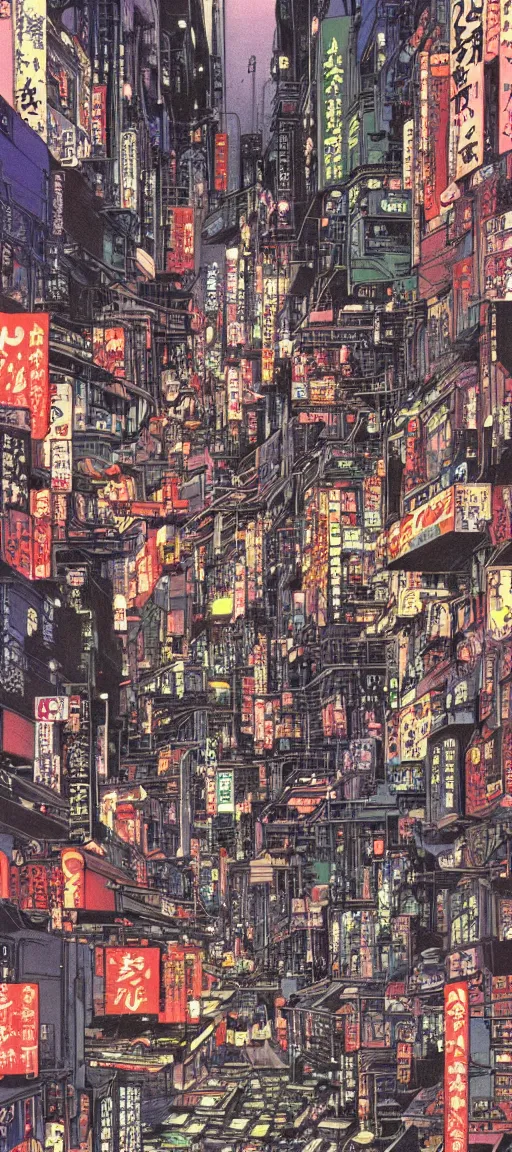 Prompt: beautiful hypercomplex anime drawing of an AKIRA-like cyberpunk city landscape, japan at night, 1980s, by Katsuhiro Otomo, wide angle, grand