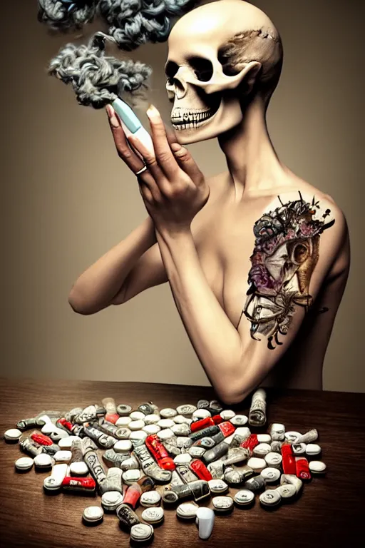 Image similar to beutifull and very tired womanlooking pile Off pills, drugs, cigarrette boxes and a skull on a wooden table, skull made out of smoke coming out of pills, fantasy, intricate, elegant, highly detailed, digital painting, artstation, concept art, addiction, chains, smooth, sharp focus, illustration, art by Ilja Repin