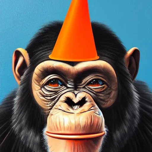 Image similar to An exquisite oil painting of a chimpanzee dressed like Prince Philip with a traffic cone on his head