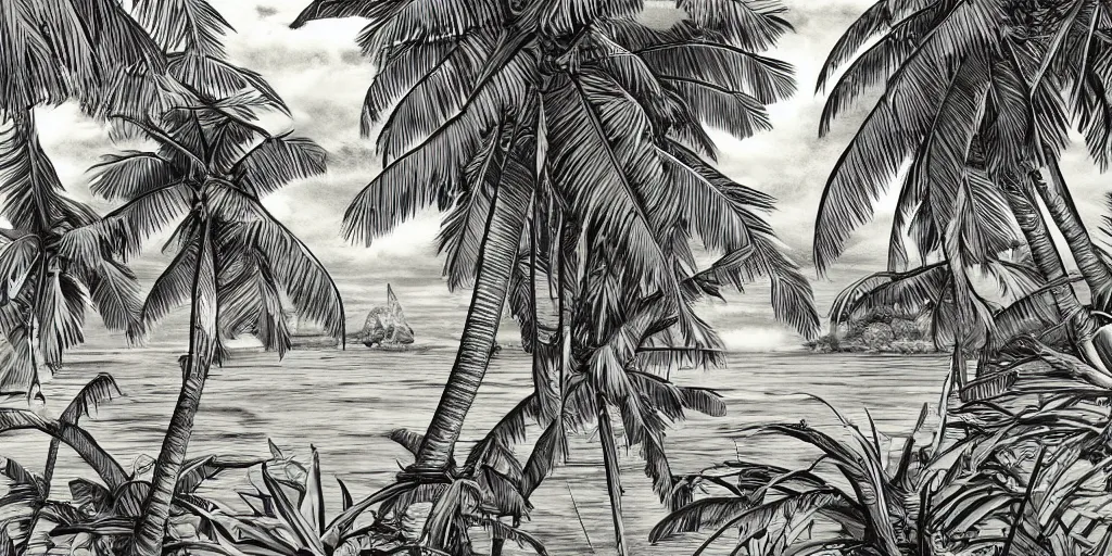 Image similar to tropical island, 8 k, high resolution, detailed charcoal drawing, beautiful hd, art nouveau, concept art, colourful, in the style of vadym meller