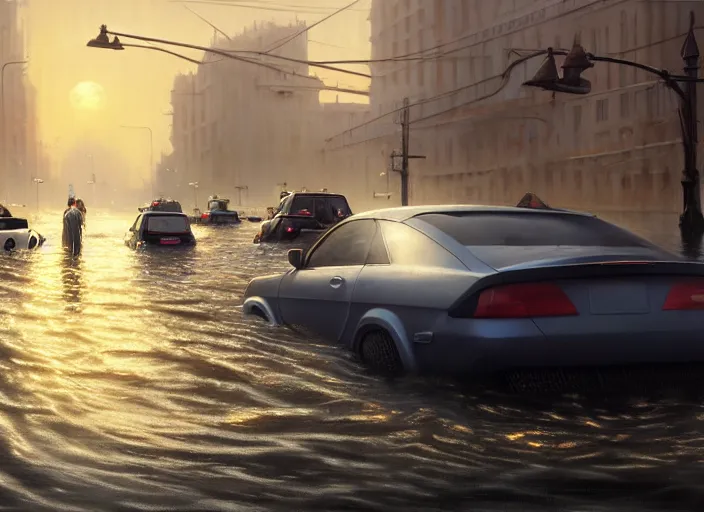 Image similar to cars driving through shallow water, flooded city, people walking through shallow water, muted colors, highly detailed, hyperrealistic, oil painting, intricate, cgsociety, artstation, 8 k, cinematic, soft lighting, by greg rutkowski, by wlop, by artgerm