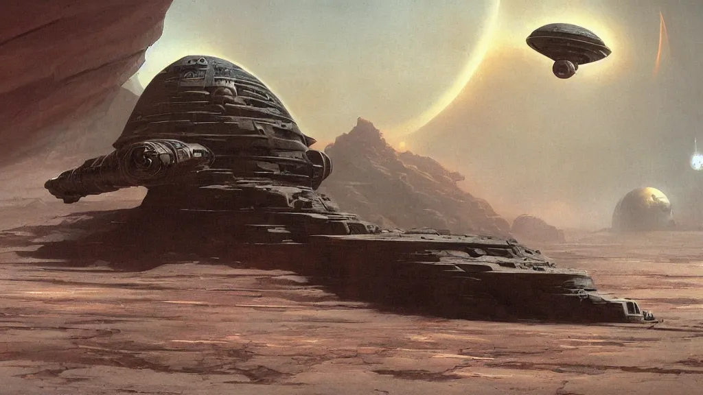 Image similar to small organic dropship lander by john schoenherr and jim burns, epic cinematic matte painting