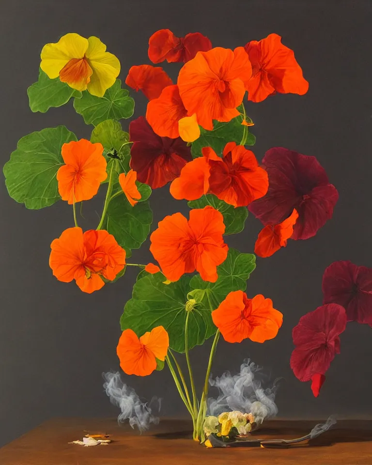 Prompt: hyperrealist still life artwork of nasturtium and colourful smoke from dark flames.