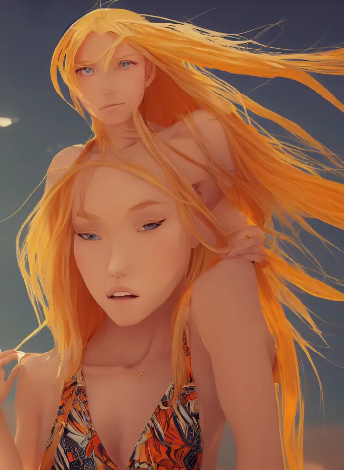 Prompt: beautiful blond woman in orange tribal bikini, long blond hair behind the ear, by makoto shinkai, ross tran, 8 k, high resolution render, cinematic color grading, clean lineart and flat color,