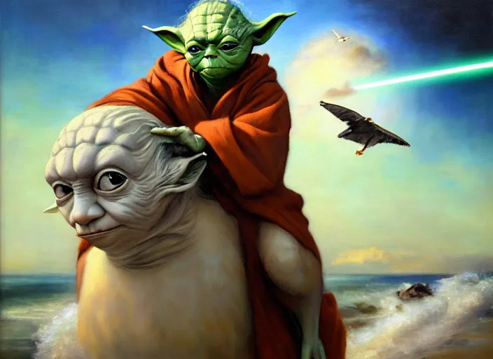 Prompt: Beautiful oil painting of Yoda riding a seagull by Titian and Chie Yoshii, portrait, Star Wars, intricate, face, elegant, mist, highly detailed, dramatic lighting, sharp focus, trending on artstation, artstationHD, artstationHQ, unreal engine, 4k, 8k