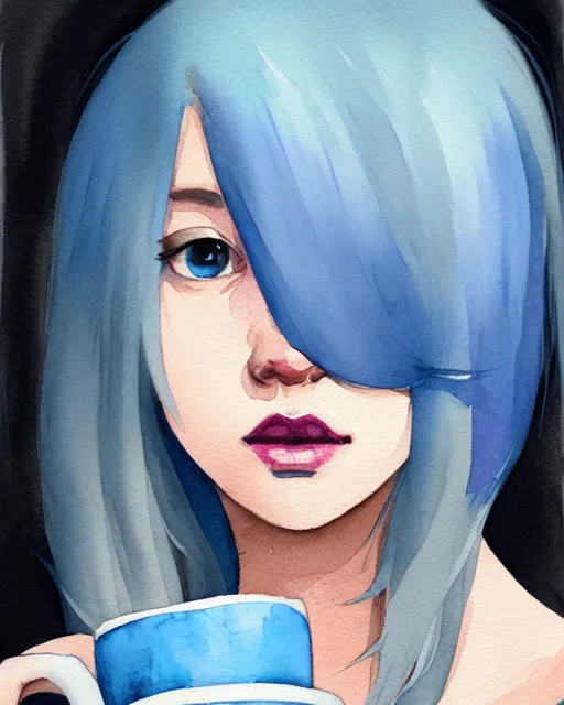 Image similar to watercolor painting of a pretty girl with Blue hair, wearing an oversized sweater, sitting by a windowsill, night, holding a mug of hot tea. In the style of ilya kuvshinov, dramatic lighting, fantasy, intricate, elegant, highly detailed, lifelike, photorealistic, digital painting, bokeh, HDR, high resolution, artstation, concept art, smooth, sharp focus, art by Krenz Cushart and Albert Aublet