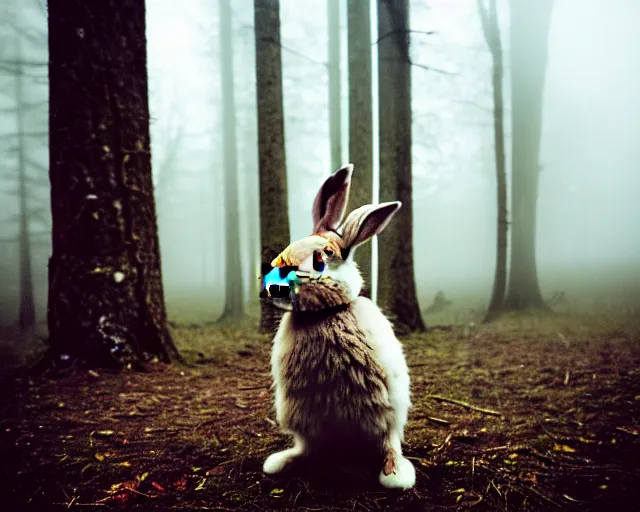 Prompt: a lomography photo of rumble between two human with rabbit head in foggy forest this morning, bokeh,