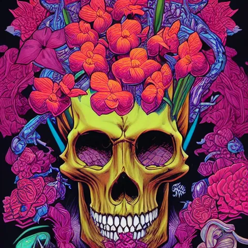 Image similar to ortographic view of a large skull and vivid orchids by Jen Bartel and Dan Mumford and Satoshi Kon, gouache illustration