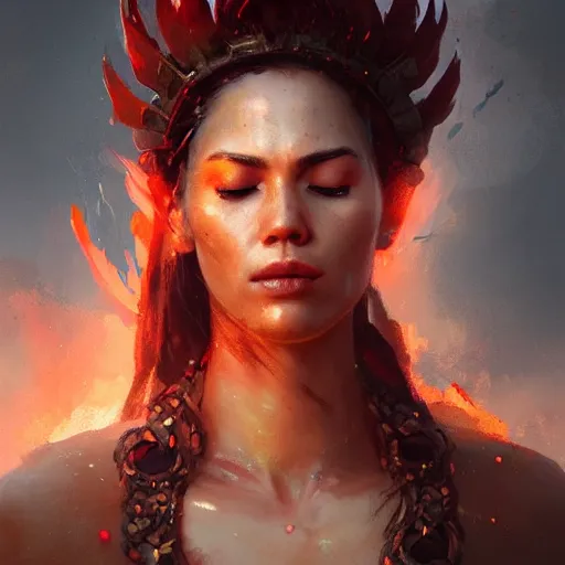 Image similar to a beautiful portrait of a fire goddess with closed eyes by greg rutkowski and raymond swanland, trending on artstation, flaming background, ultra realistic digital art