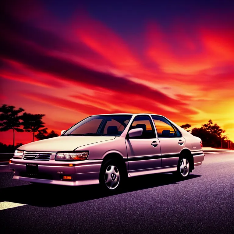 Image similar to close-up-photo 1997 TOYOTA CAMRY middle of street, sunset kanagawa prefecture, night, cinematic color, photorealistic, highly detailed,