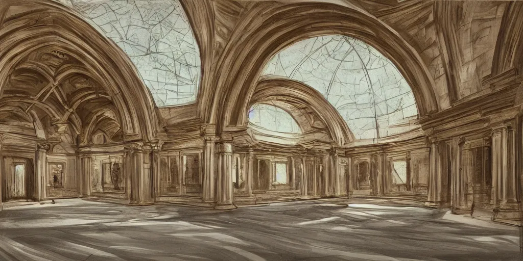 Image similar to hyper real, hyper detailed mat - painting sketch of an arch and dome interior with windows to gaze at the stars at night in a large recessed living room in the country with a view of a forest out side