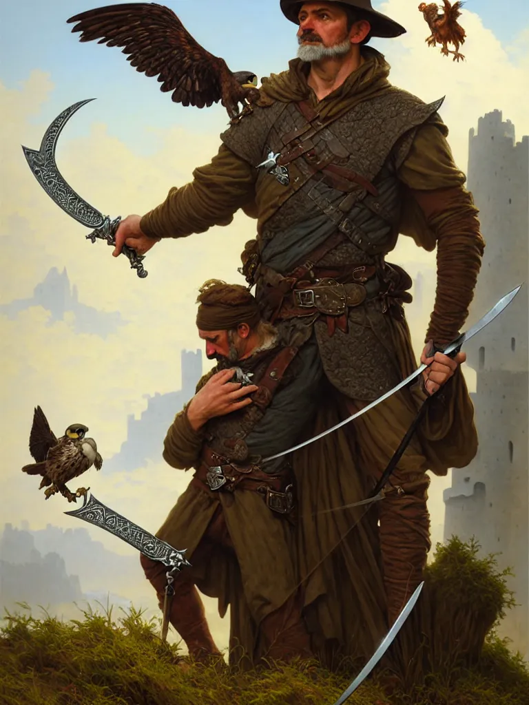 Image similar to middle age ranger with rugged expresions falcon pet on his sholder holding a long sword, top a cliff observing old ruins of a castle, elegant clothing, photorealistic render, matte patining, highly detailed, artstation, smooth, sharp focus, art by michael whelan, artgerm, greg rutkowski and alphonse mucha