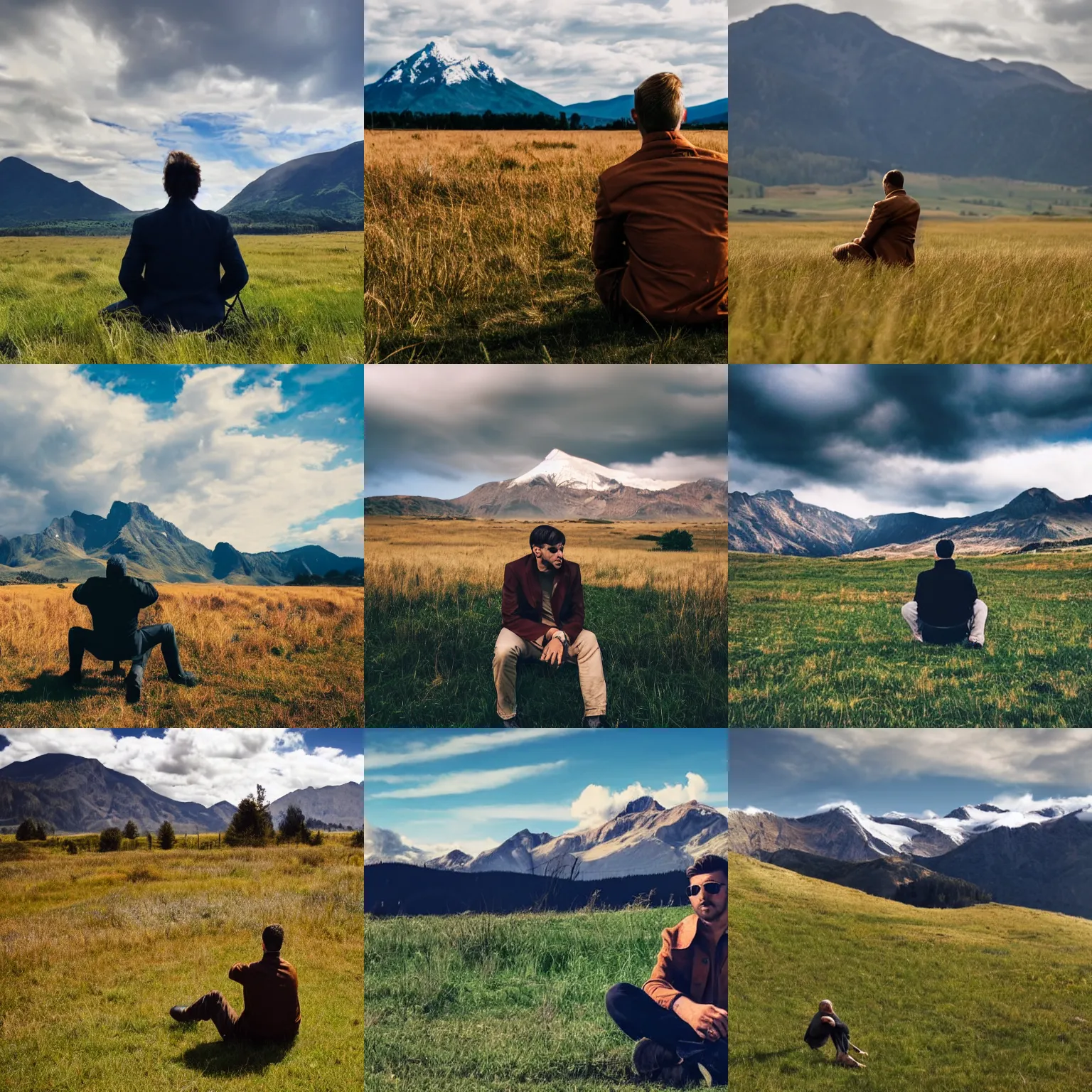 Prompt: a man wearing a brown jacket sitting in a field of grass, mountain in the background, blue sky with clouds, wind blowing