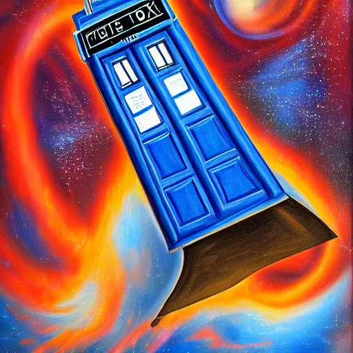 Prompt: An oil on canvas painting of the TARDIS flying through a space-time vortex