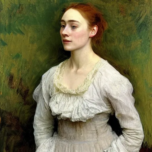 Image similar to a true-to-life portrait of Saoirse Ronan painted by John Everett Millais