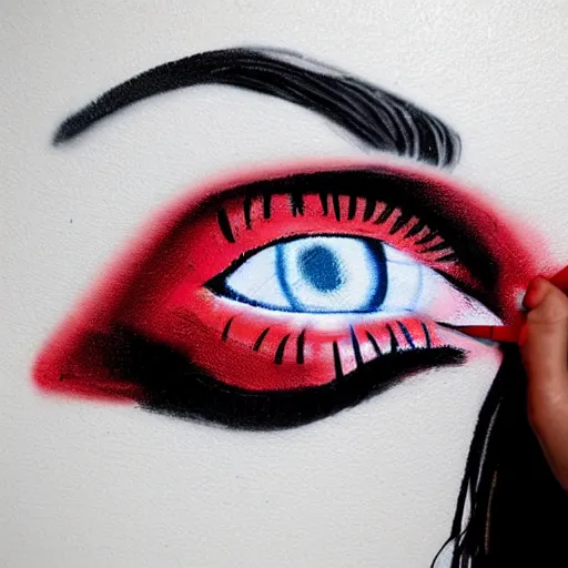 Image similar to a woman graffiti drawn on a white wall with a red felt - tip pen. a woman's eyes are made up of compound eyes.