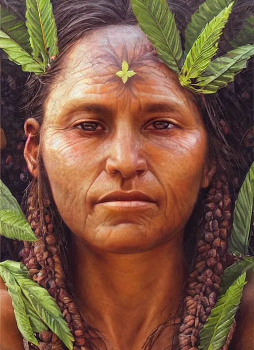 Image similar to a beautiful close up portrait of an indigenous woman holding medicinal plants in the jungle, highly detailed, art by christophe vacher